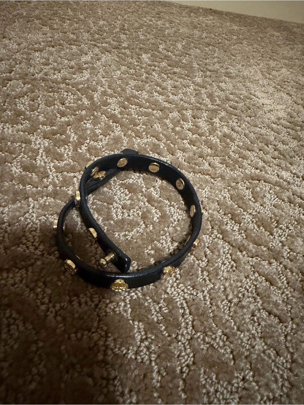Tory Burch Black Double-Wrap Leather Bracelet with Gold Logo Studs
